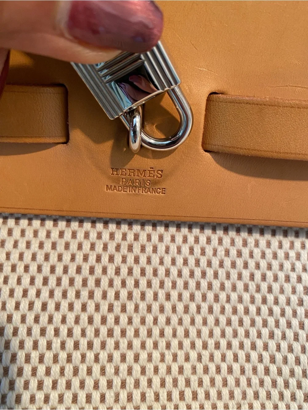 HERMÉS 30PM Cowhide/Canvas HERBAG w/ Silver Lock/Key, Shoulder Strap & Full Set